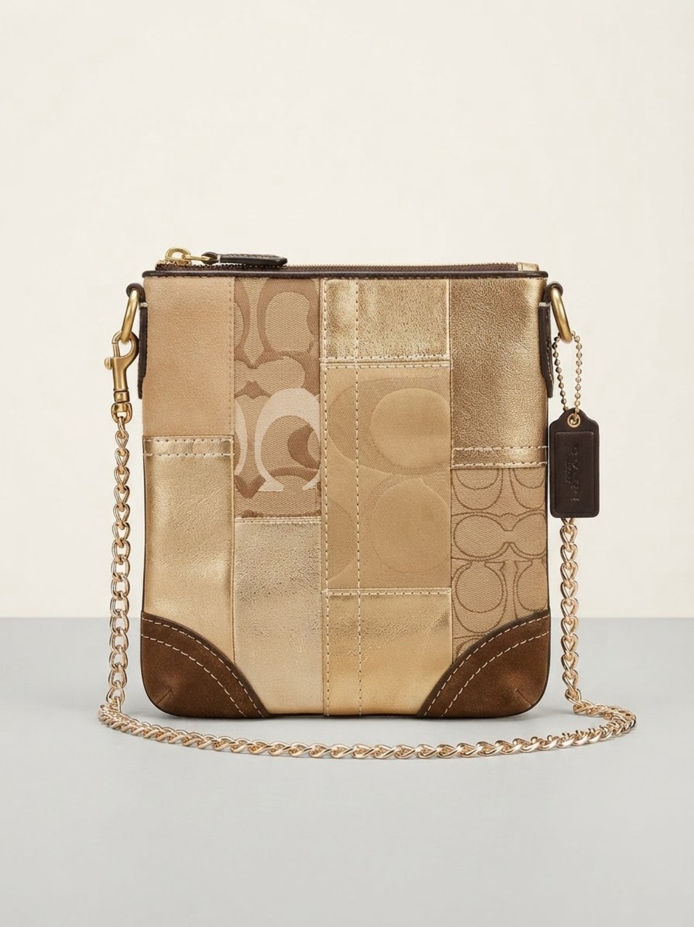 Coach Metallic Gold and Brown Patchwork Mini Crossbody